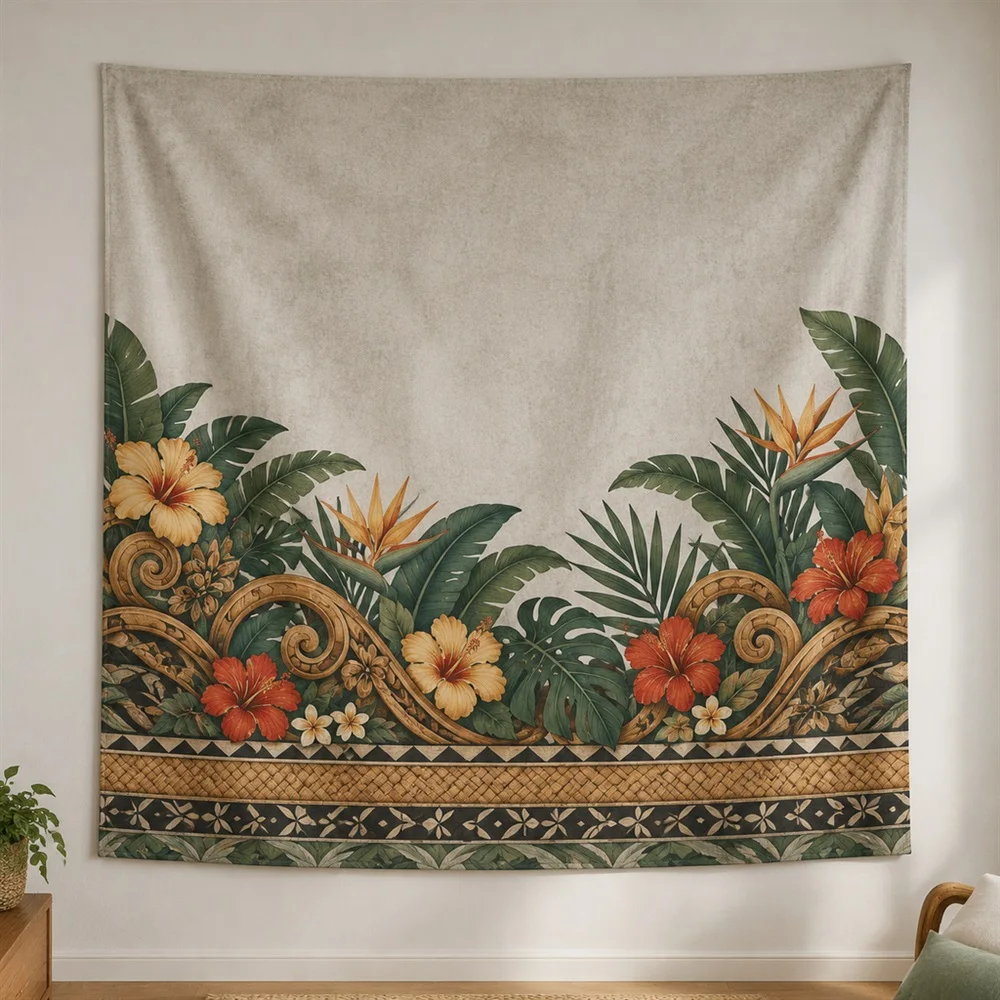 VIKAMA Carved Wood Motif Layered Bands Tapestry Wall Hanging, Southeast Asian Wall Art Tapestries for Study Living Room Bedroom