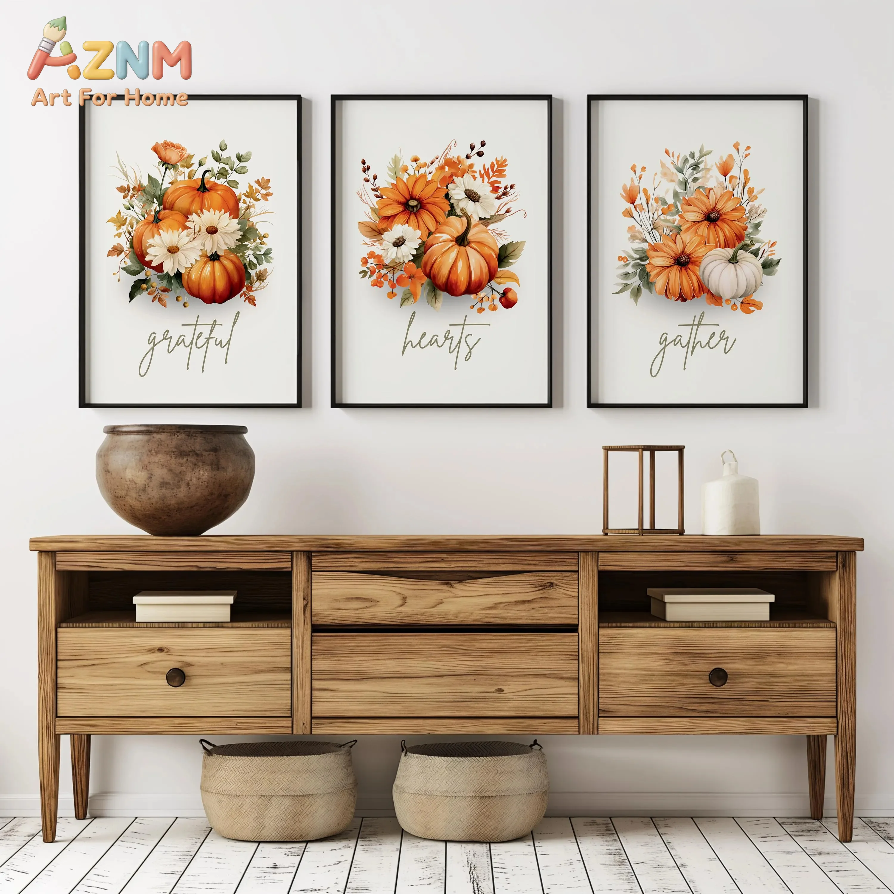 AZNM 3Pcs Autumn Pumpkin Floral Canvas Wall Art, Grateful Hearts Gather Thanksgiving Print Frameless Canvas Painting,