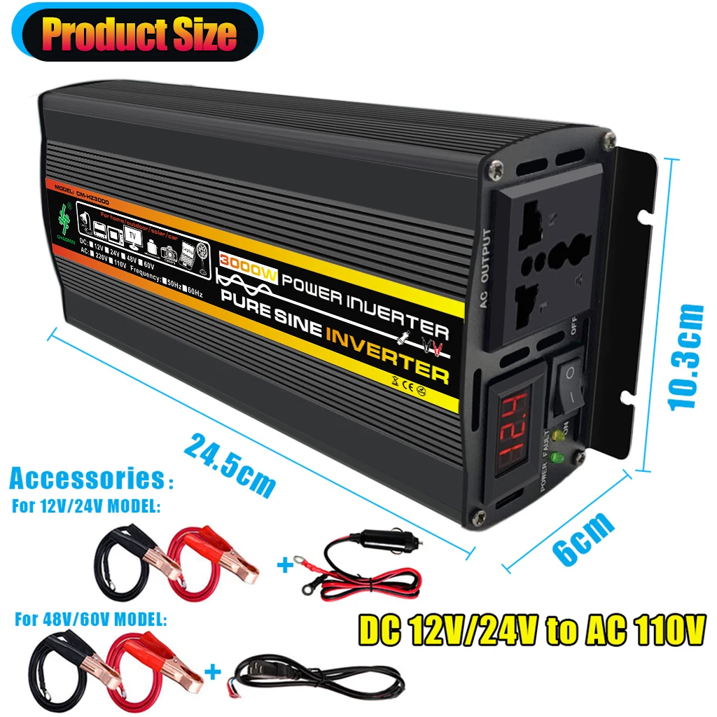 110V 3000W Pure Sine Wave Inverter, Car Solar Inverter,DC12V 24V to 110V,Dual USB,Socket Transformer,Power Inverter