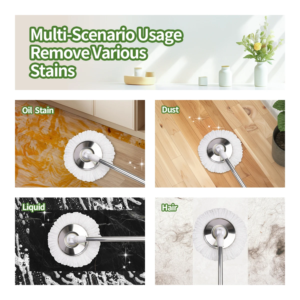 مجموعة دلو الممسحة 360 °   نظام ممسحة دوارة مزدوج الحركة، 3 رؤوس ممسحة خيوط مقسمة، دلو للتنظيف الذاتي