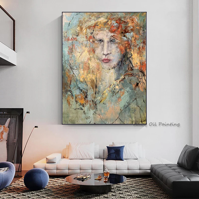 Handpainted Modern Wall Paintings Thick Impasto Abstract Portrait Oil Painting Palette Knife Vintage Figure Vertical Canvas Home