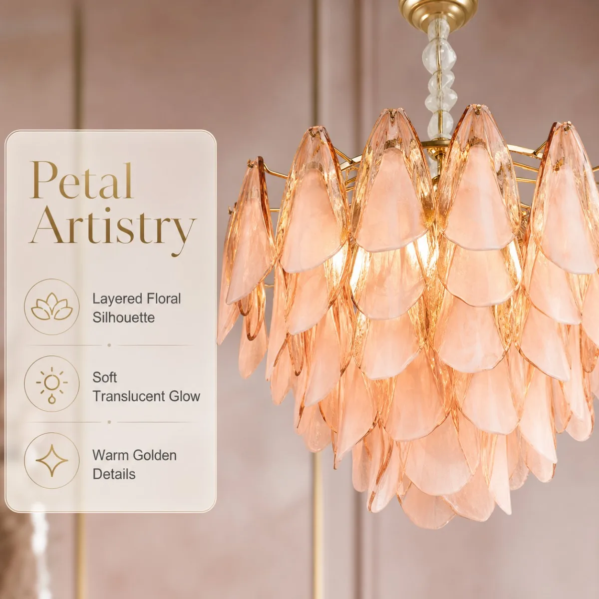 Vintage French 2026 Modern Chandelier Pink Glass Petal Layered Petals 3-Color Dimmable Gold Brass Frame for Bedroom Luxury