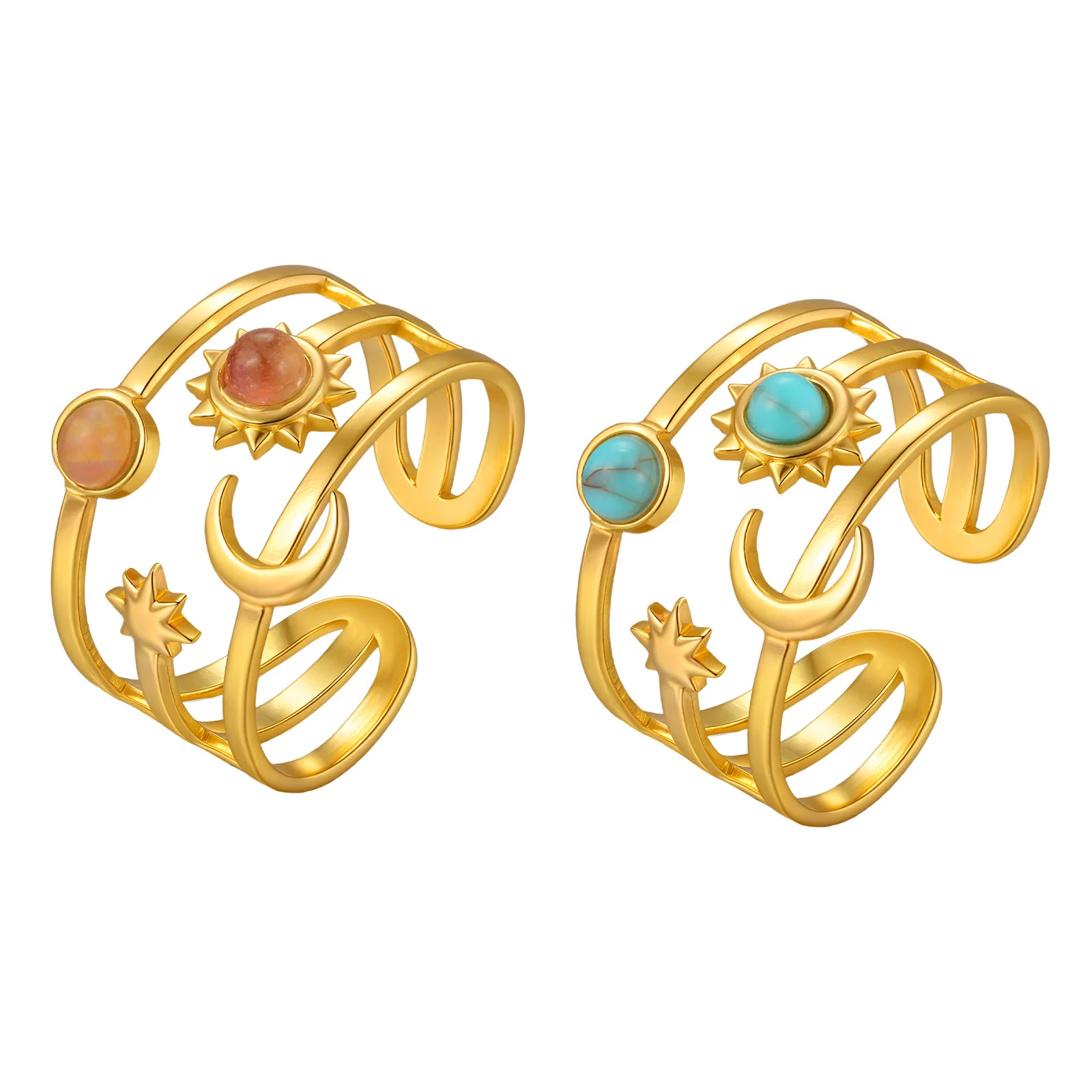 Natural Stone Turquoise Star Sun Multi Layers Stainless Steel Open Rings for Women Aesthetic Finger Jewelry Waterproof view 6