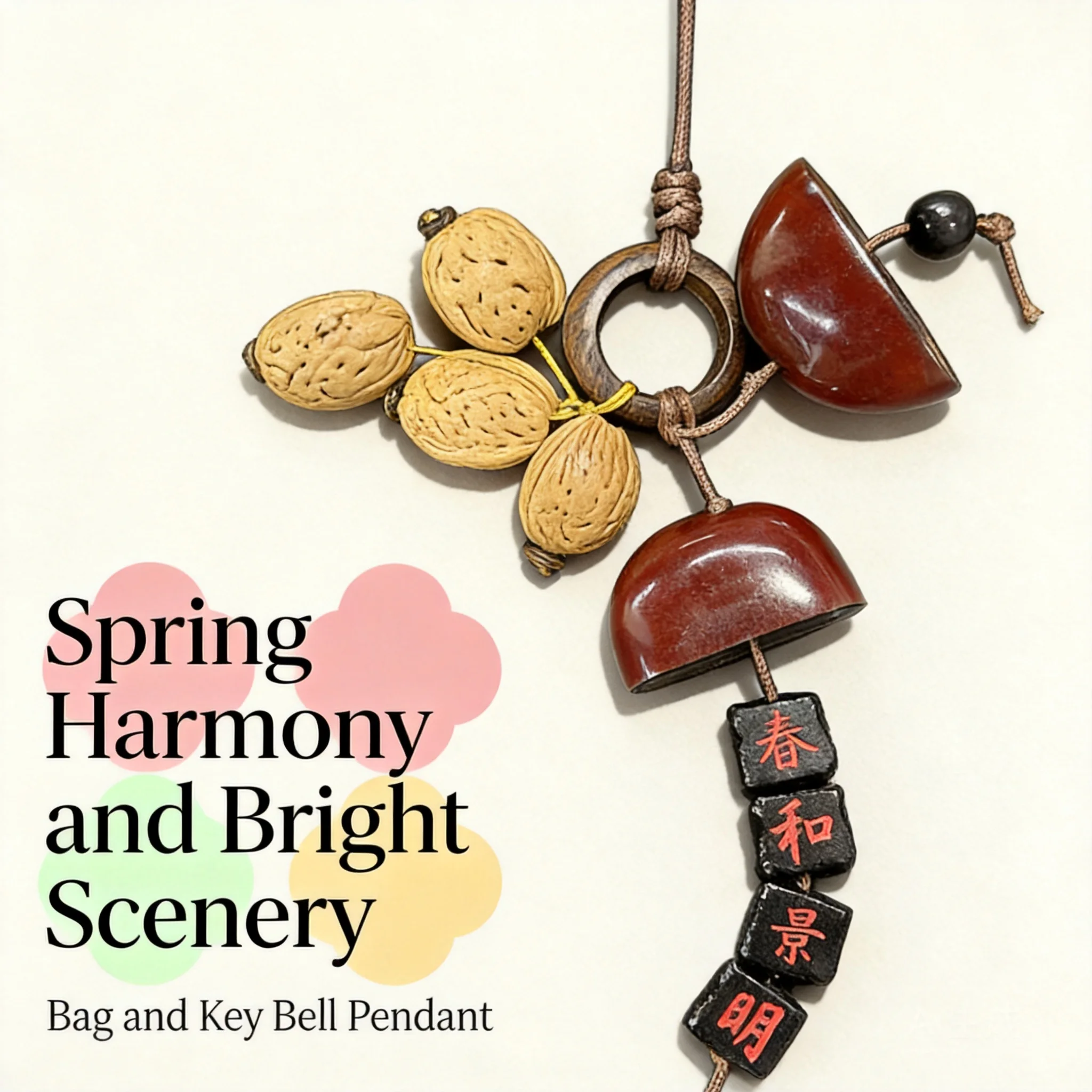 Chinese Style Handmade Peaceful Spring Scenery Good Luck Blessing Ebony Wood Bell Pendant Natural Trumpet Fruit Keychain Bag Cha