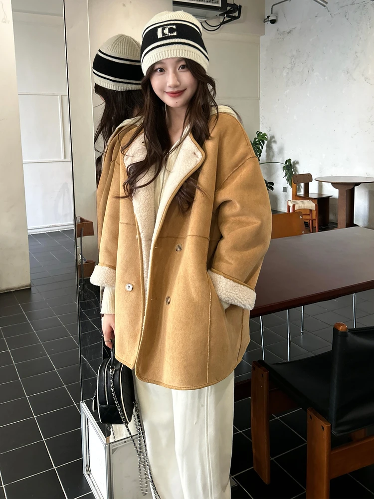 両面着用ラムファーベルベットレザー一体型レディースコートハンナンドンハイニン冬新作韓国風ルーズフィット