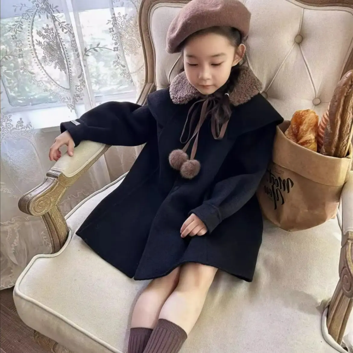 Girl's Black Double-Face Wool Notch Lapel Coat New Autumn/Winter Thickened Children's Flannel Jacket