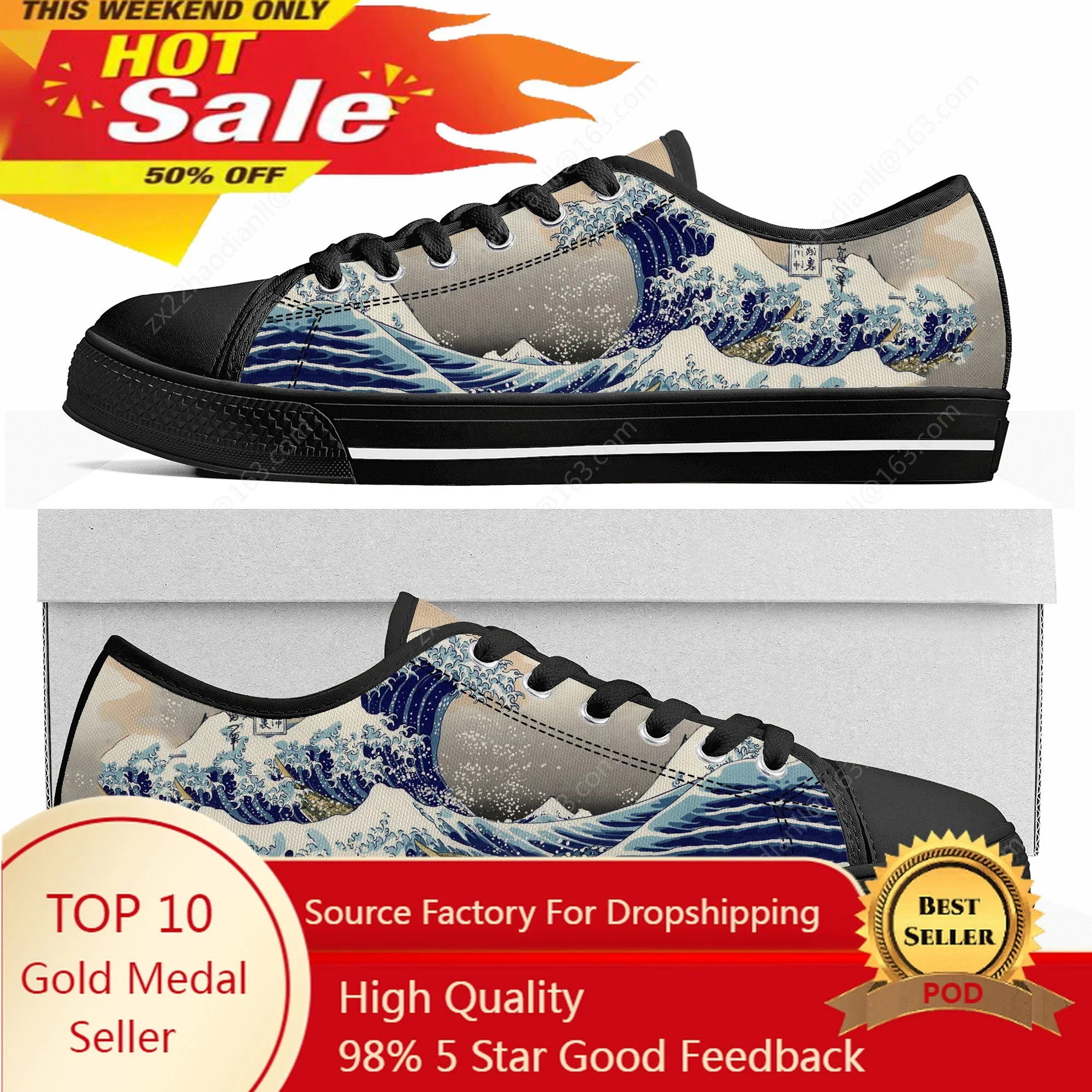 The Great Wave Off Kanagawa Printmake Low Top Sneakers Mens Womens Teenager High Quality Canvas Sneaker Couple Shoes Custom Shoe