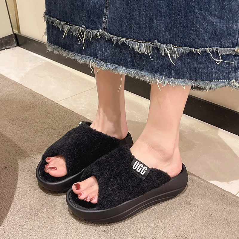 Autumn Winter Fur Slippers for Women New Designer Korean Warm Cotton Shoes Female Fashion Casual Solid Color Luxury Shoes Ladies