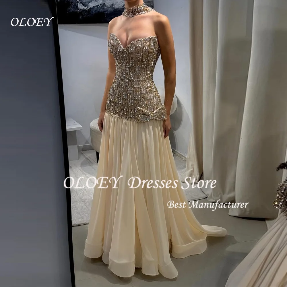 

OLOEYLuxury Diamond Evening Dresses Shiny Crystals Beaded Strapless Sleeveless Bow Prom Dress Saudi Customized