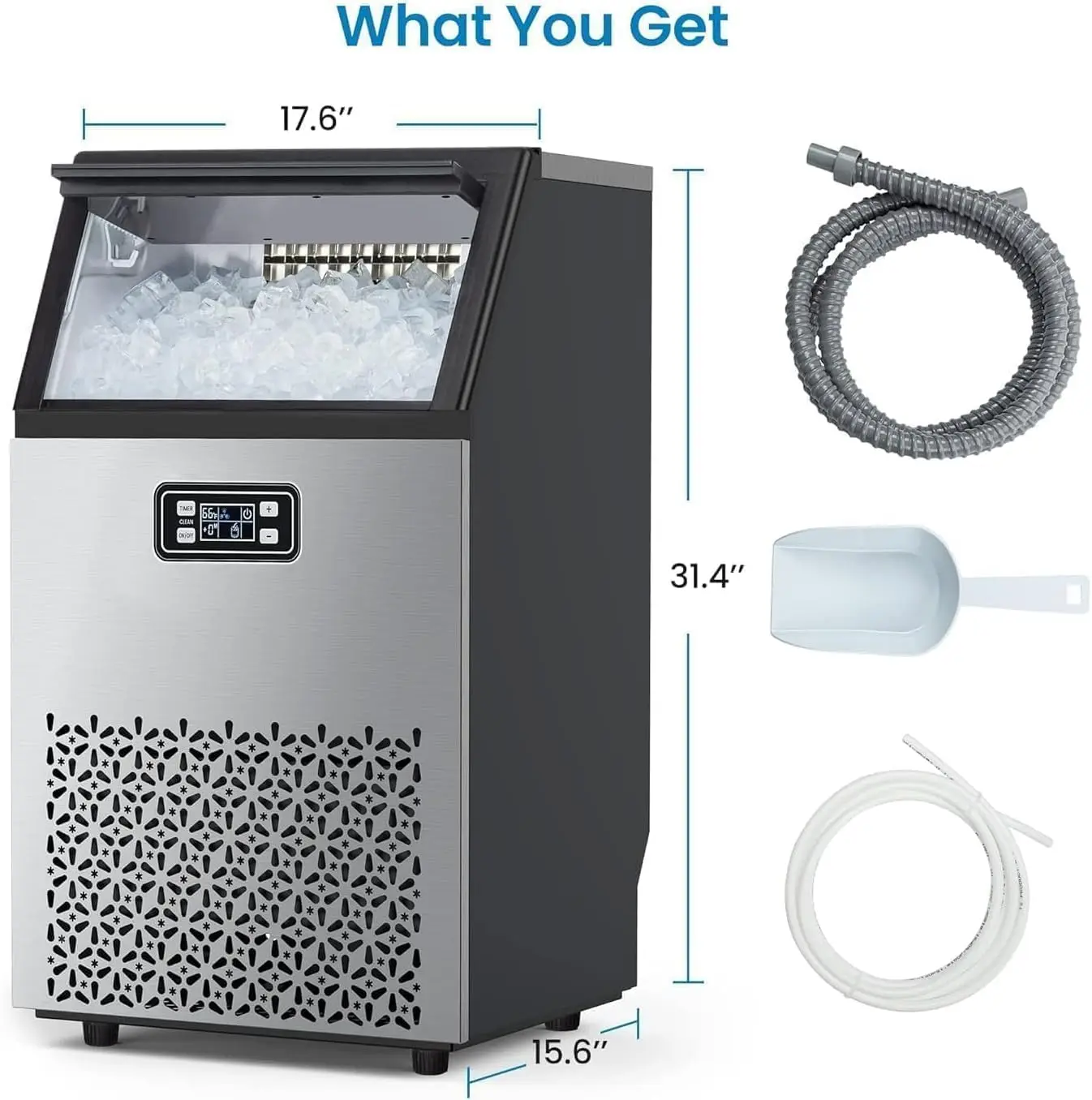 Commercial Ice Maker Machine - 110LBS/24H Ice Production, 33LBS Storage, Stainless Steel, Self-Cleaning, 66 Ice, Customized