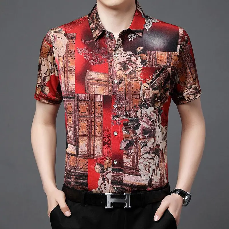 T Shirt for Men Spring Summer V-Neck Underlay Short Sleeve Printing Floral Pockets Button Casual Blouses Fashion Tops