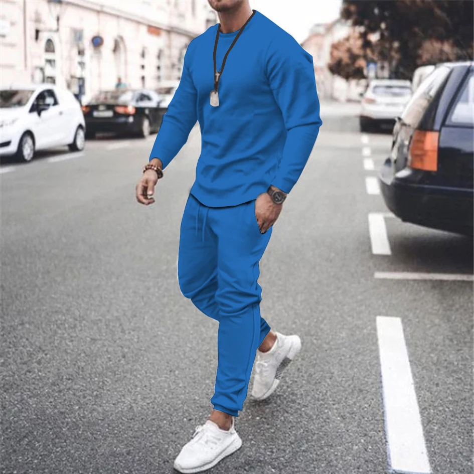 

Autumn Men's T-shirt Set Solid Color Men Long Sleeve Long Pants Outfit Fashion Casual Breathable Tracksuit Men's Two Piece Set