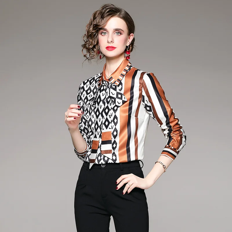 Women Clothes French British Style Fashion Bow Shirts Sping New Chic Printed Elegant Temperament Blouse Female Top