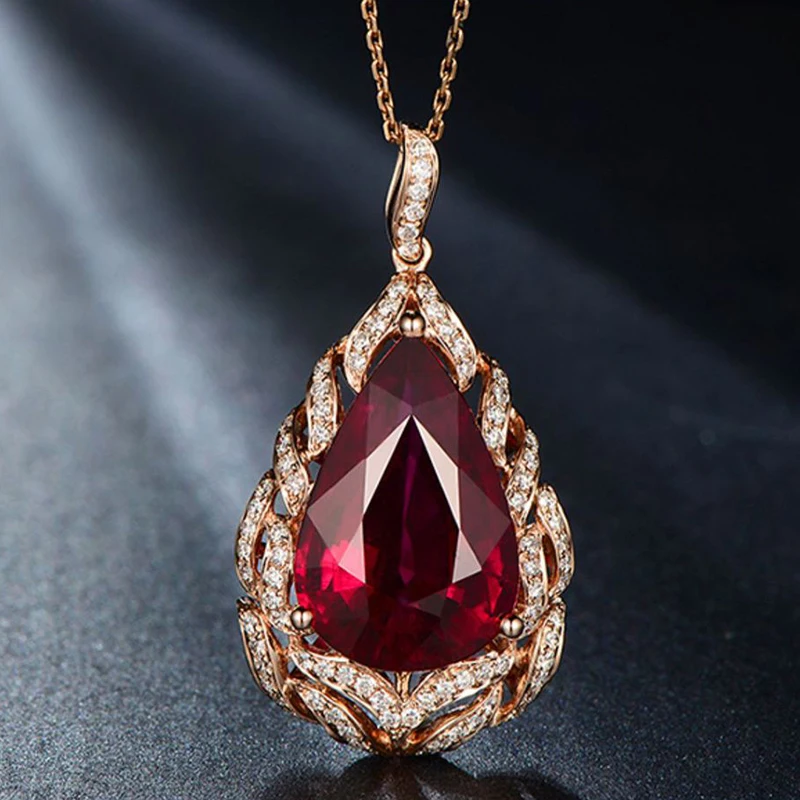 New Fashion Rose Gold Color Elegant Romantic Artificial Ruby Red Tourmaline Pendant Necklaces For Women Wedding Jewelry Gifts