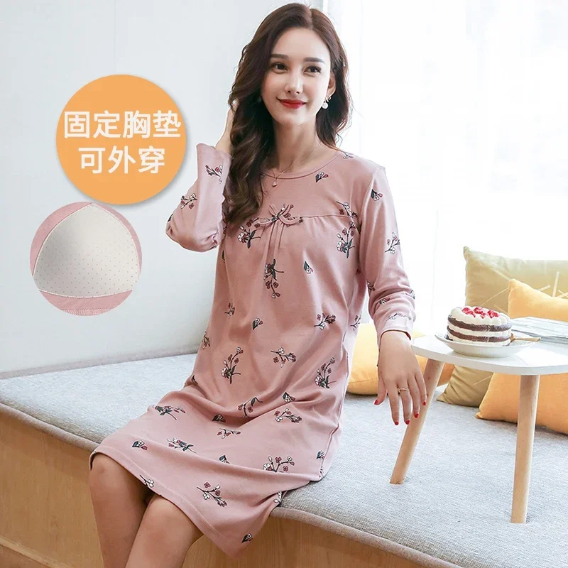 

2025 Spring Plus Size Long Sleeve 100% Cotton Print Nightgowns for Women Korean Lingerie Sleepwear Night Dress Nightdress Nighty