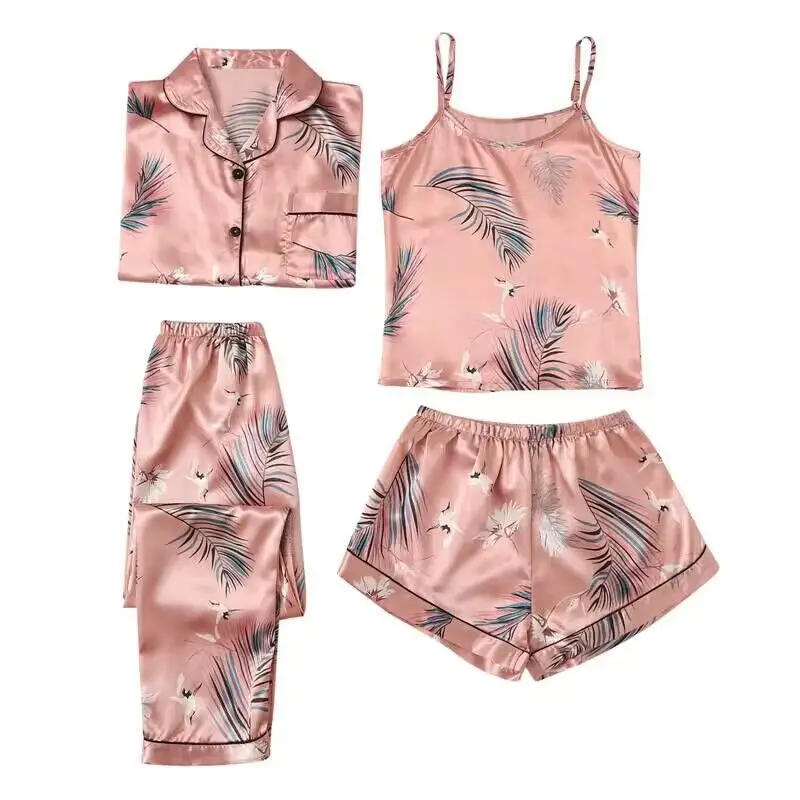 

Casual Silk Satin Pajamas Women's Suspenders Shorts Long Sleeve&Pants Women's Floral Printed Home Wear Sleepwear Home Clothes