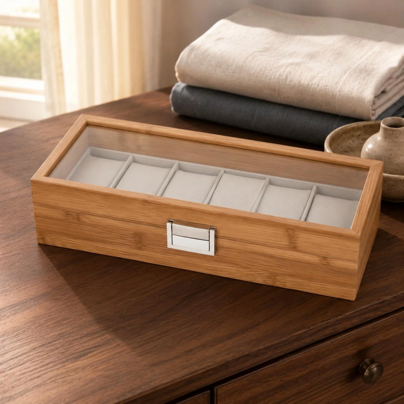 Bamboo Watch Box Padded Compartments Watch Storage Box Wood Grain