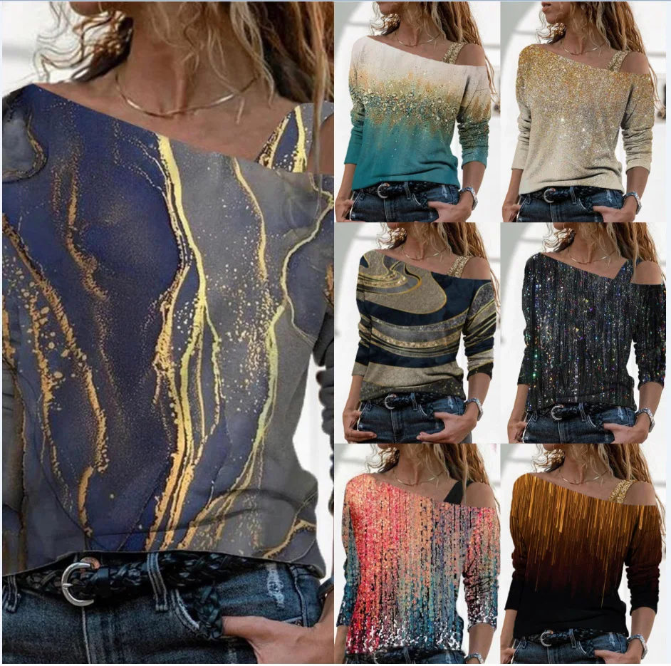 Frühling Mode frauen Shiny Print Off Schulter Medium Langarm Top Weibliche & Dame Casual Pendler Sexy Tops Shirt