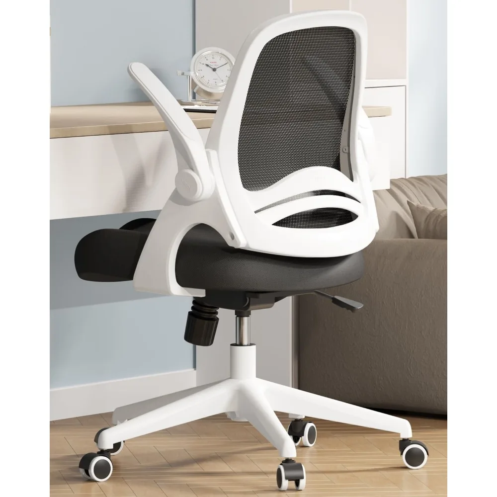 Office Desk Chair with Flip-Up Armrests and Saddle Cushion, Ergonomic Office Chair with S-Shaped Backrest, Swivel, Mesh, White