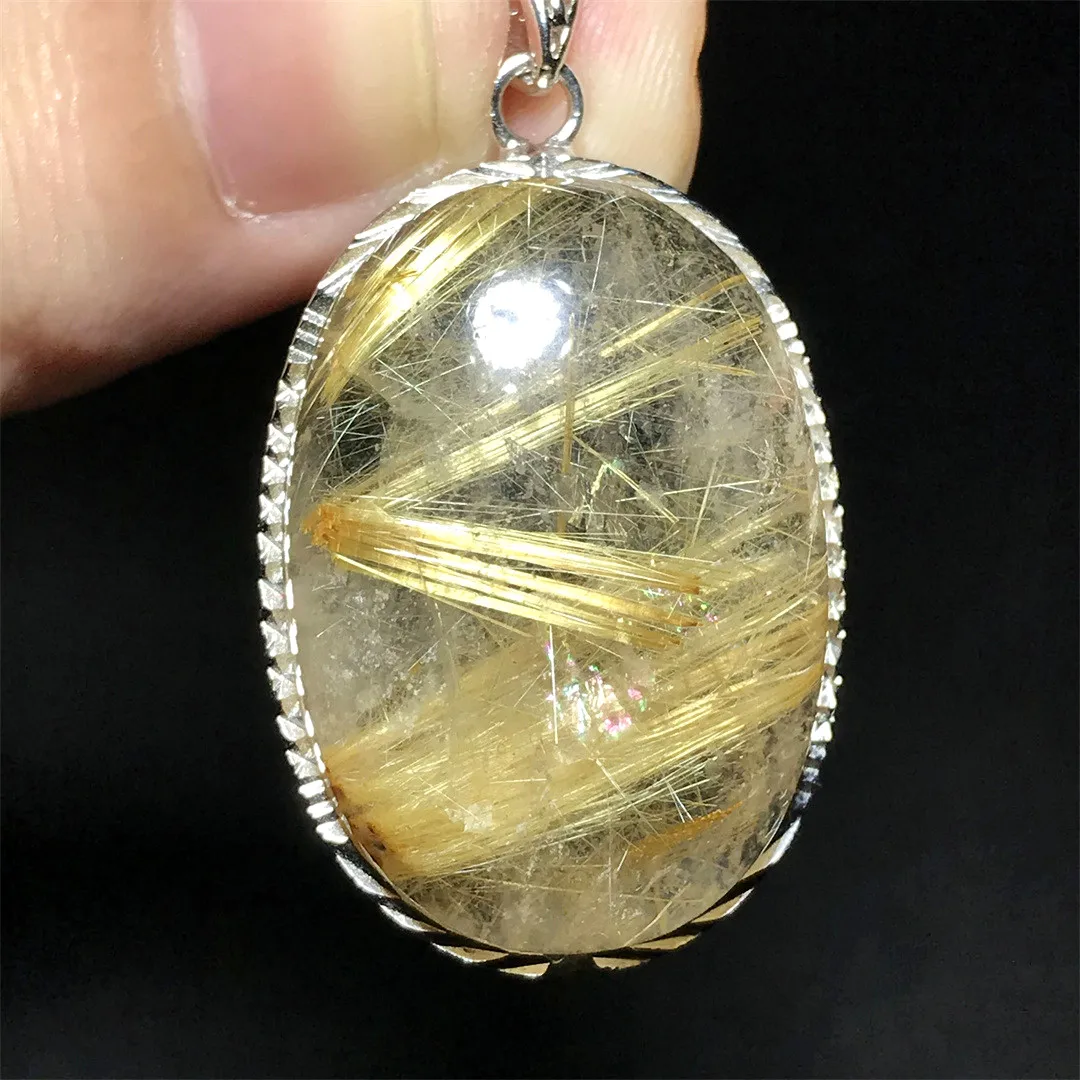 

Top Natural Gold Rutilated Quartz Necklace Pendant Jewelry For Woman Man Wealth Gift 29x20mm Beads Crystal 925 Silver AAAAA