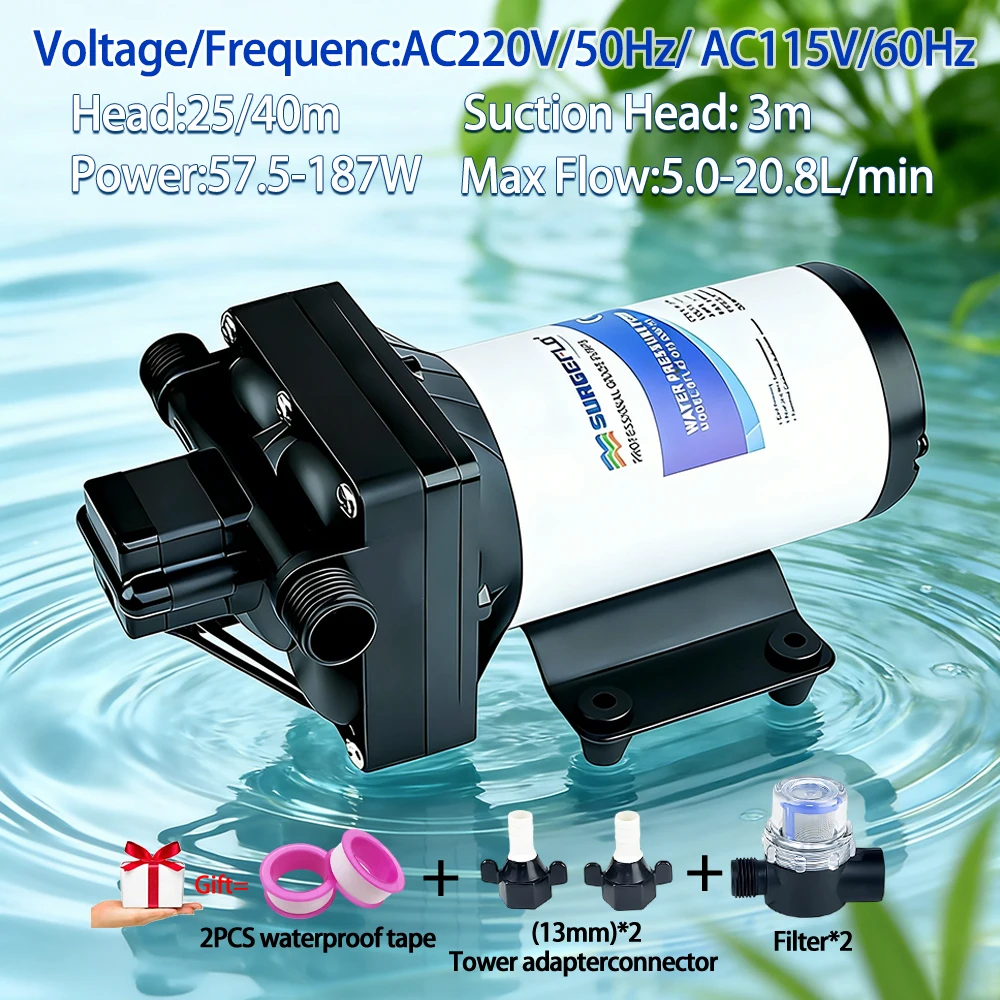 

Мембранный водяной насос AC115V/220V, 5.0-20.8 л/мин, самовсасывающий, повысительный, напор 25-40 м, для автодомов, морского применения, дома, промышленности, с вилками EU/US