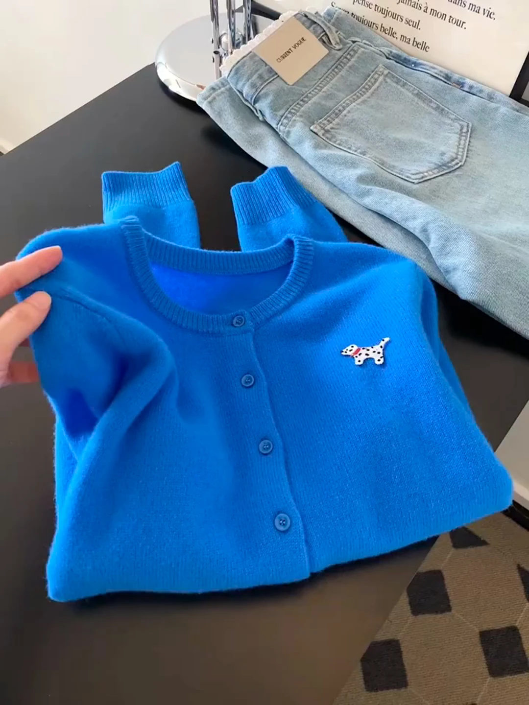 

Klein Blue Ele Little Dog Knitted Open Cardigan Women's Autumn Winter Korean Sle Loose Top Lazy Loose Knitwear