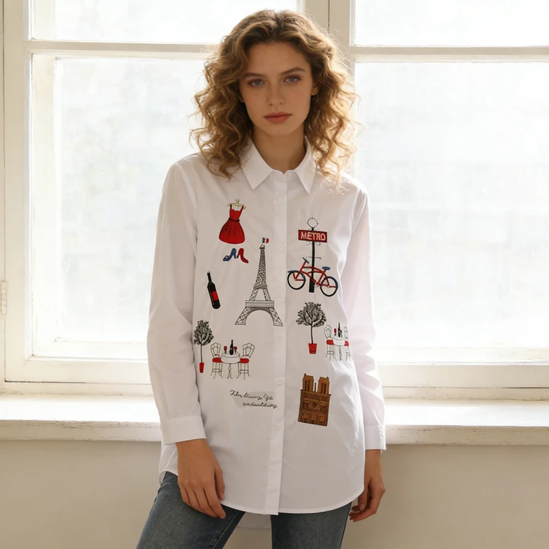 Fashion Long Sleeve Women Shirts Embroidery Cotton White Blouses Office Lady Elegant Loose Tops