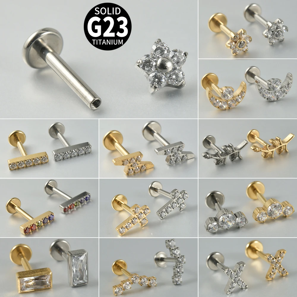 1PC ASTM F136 tytan cyrkon Labret płaski tył płatek Helix Tragus księżyc krzyż kolczyk gwint wewnętrzny Piercing biżuteria 1.2x8mm