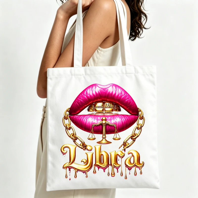 canvas tote bag with lip and balance scale graphic, streetwear style for casual daily use and shopping outings
