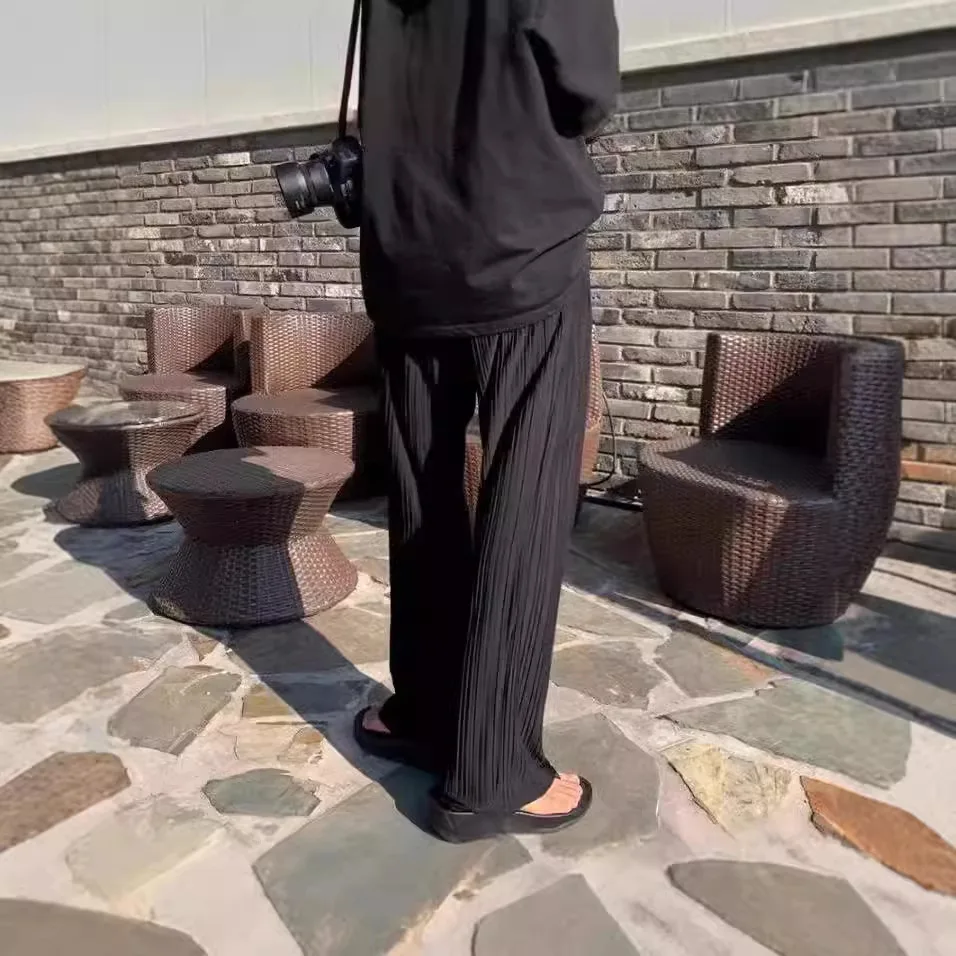 Ice Silk Pleated Loose Wide Leg Pants Men's Casual Trousers