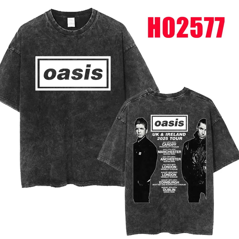 Rock Band O-Oasis Live 25 Tour 2025 Washed T Shirt Men\'s Hip Hop Vintage T-Shirt Oversized Cotton T Shirts Fans Gifts Streetwear