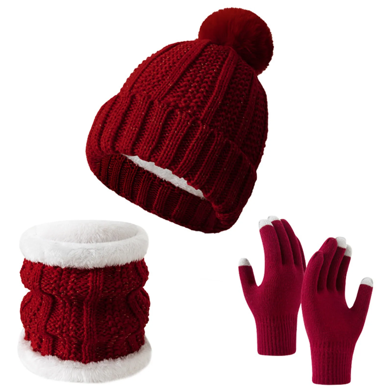 Damen Wintermütze, Schal, Handschuh-Set, Fleece-gefüttert, Strickmütze, warmer langer Schal, Winter-3-teiliges Set, Handschuhe, Schal-Set für Jungen