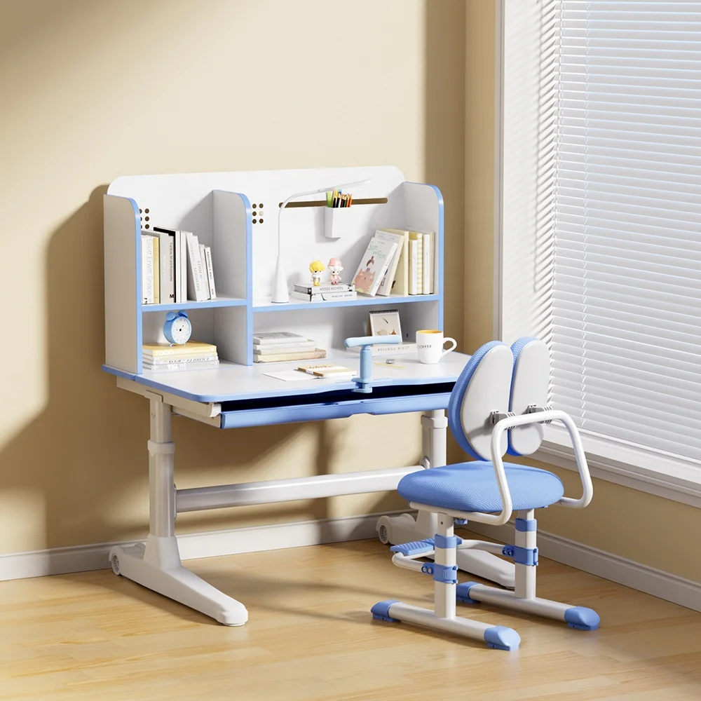 高さ調節可能な本棚収納引き出し付き子供用学習机椅子セット、自宅学習用ライティングテーブル