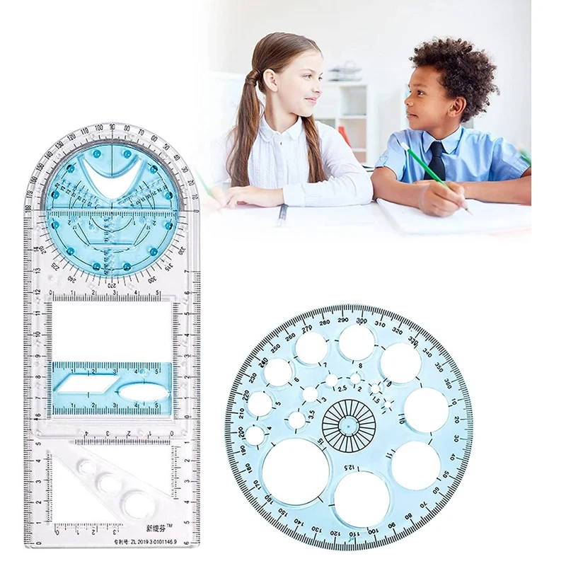 2 Pcs Multifunctional Geometric Ruler Plastic Circle Drawing Tool Drafting Templates Clear Graphic Design Tools