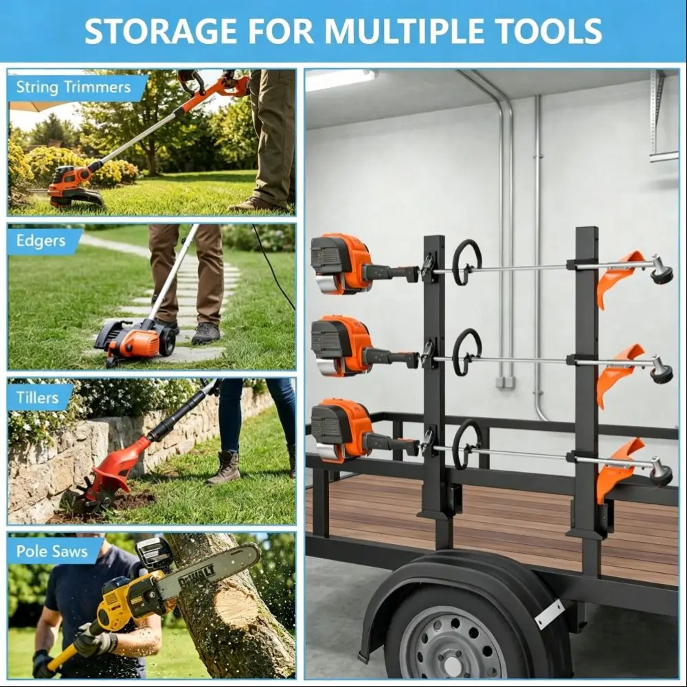 Heavy Duty Lawn Mower Storage Bracket Metal Adjustable Lock Clips Garden Tool Rack Stable Load-Bearing Soft Coated Support Arms