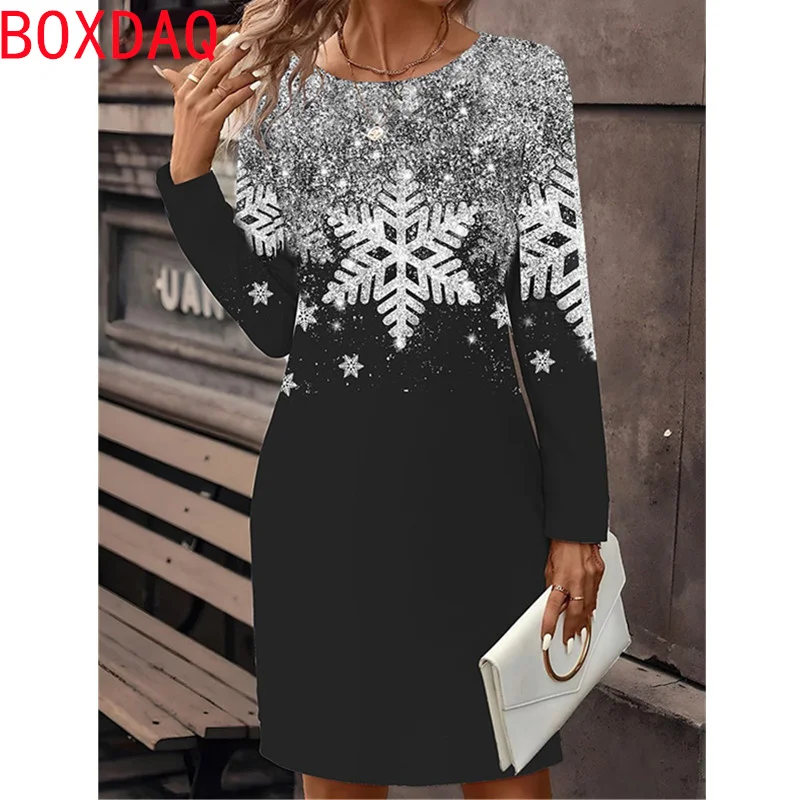 3D Vintage Floral Snowflake Pattern Print Dress Women Autumn Long Sleeve O-Neck Casual Dress Big Size Female Elegant Party Dress