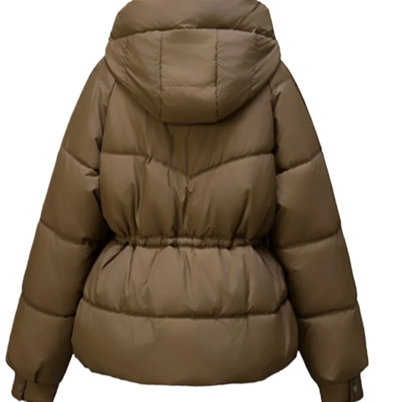 Jaqueta feminina justa plissada de inverno, Parkas com capuz, zíper, gola alta, algemas de botão, bolso grande, casaco coreano elegante, roupa branca curta