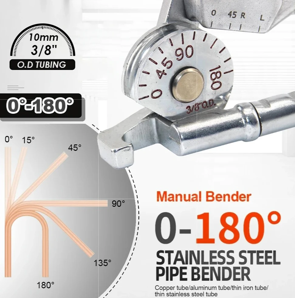 Manual Pipe Bender Tool for 8mm 10mm Copper Aluminum Tubes, Precision Air Conditioning Pipe Bender with 0-180 Degree Adjustment