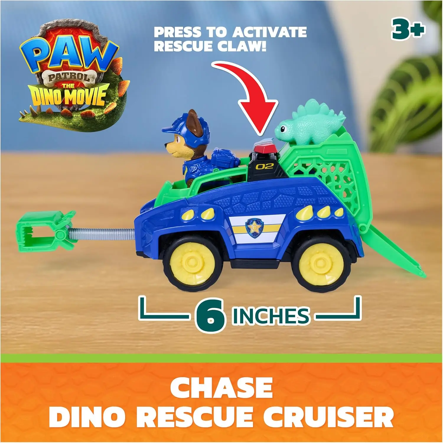 PAW Patrol: The Dino Movie, Chase Dino Rescue Cruiser with Spring-Loaded Claw and 2 Action Figures, Kids Toys for Boys & Girls