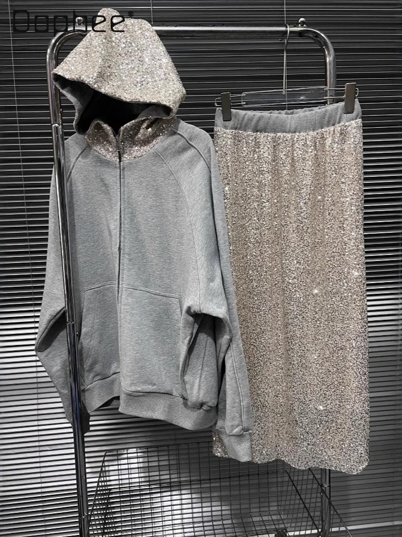 

High-end Light Luxury Casual Sports Sets Autumn Korean Trendy Fashion Oversized Gray Hooded Jacket Sequin Skirt Two-piece Set