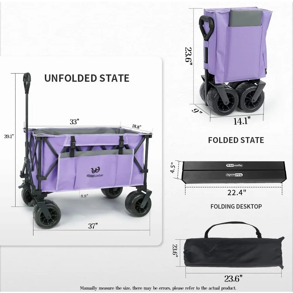 Collapsible Wagon 400Lbs Capacity, All-Terrain Utility Cart for Garden, Camping, Shopping, Outdoor - Purple