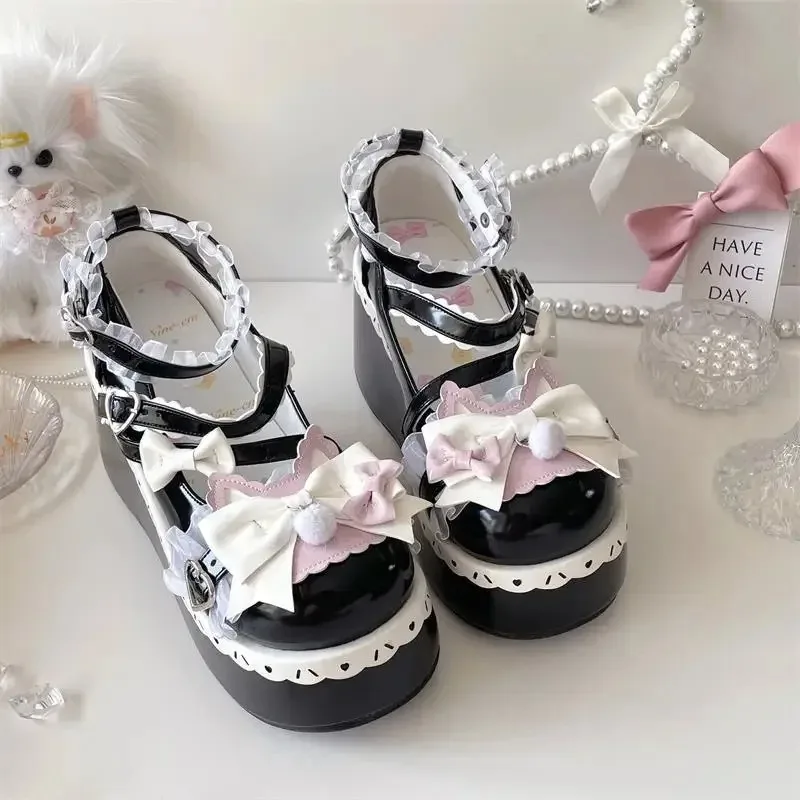 

Platform Lolita Shoes for Women Sweet Bowknots Lace Thick Sole Wedge Heel Womens Shoes Fashion Designer Mary Janes Zapatos Mujer