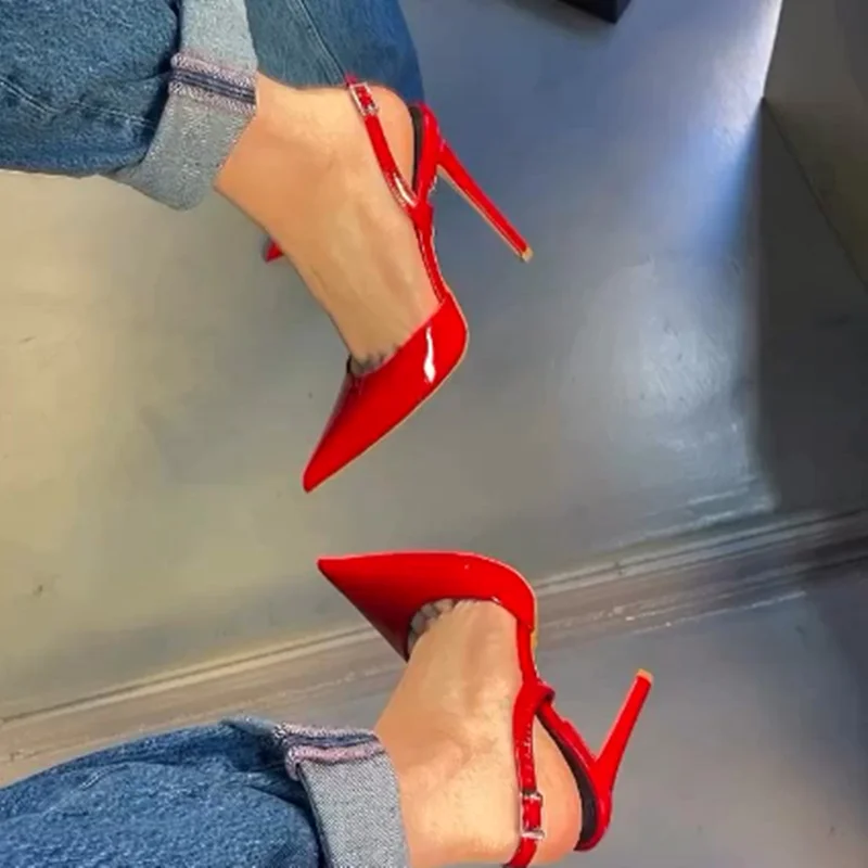 

Red Patent Leather Pointed Toe Women Slingback Shoes Shallow Slip On Buckle Strap 12cm 10cm 8cm Stiletto High Heels Shoes