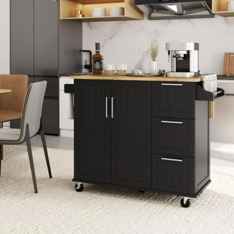 49 inch wide mobile kitchen island with drop leaf extension table, soft close cabinet doors, 3 utility drawers, spice rack, towe