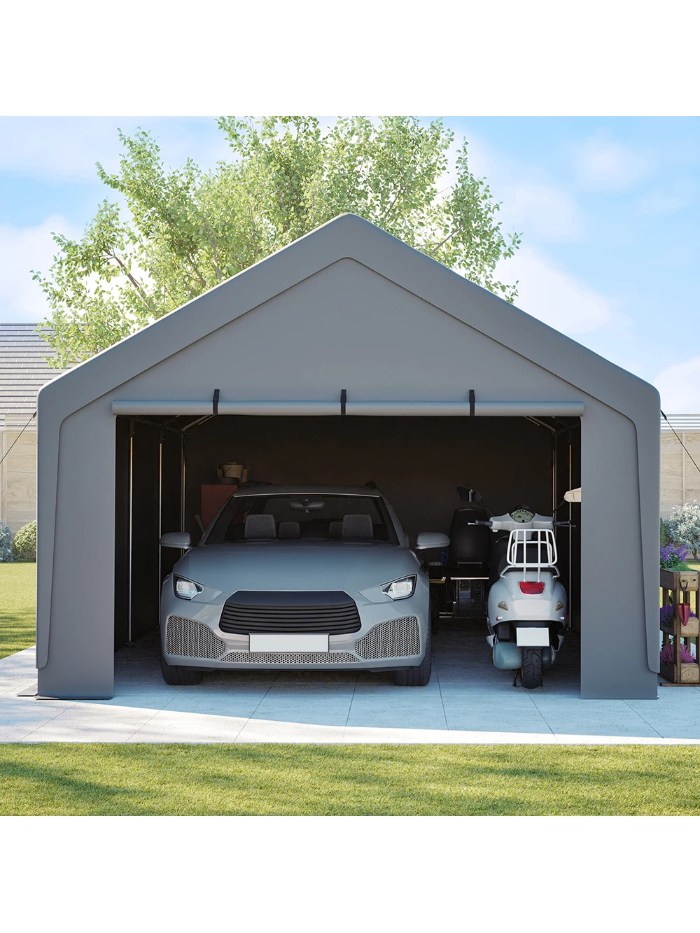 400×765×311 cm Schwerlast-Carport, wasserdicht, UV-beständig, Outdoor-Unterstand mit aufrollbaren Vorhängen und Schiebefenstern