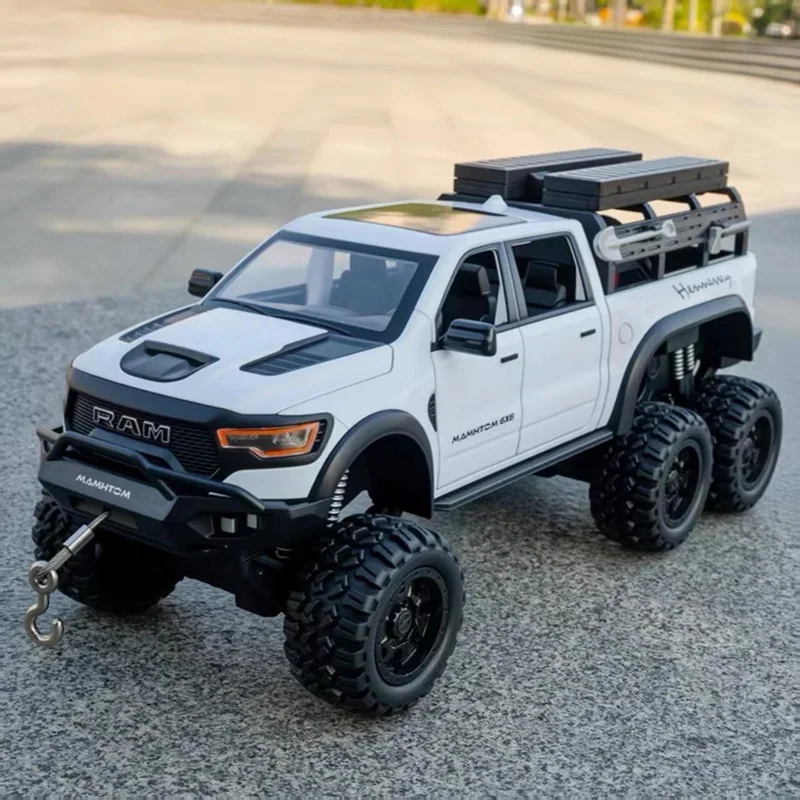 Modèle de voiture tout-terrain Tyrannosaurus RAM 1500 REX Pickup 1:24, jouet en alliage moulé sous pression, avec son et lumière, fonction de recul et absorption des chocs, éducatif et divertissant