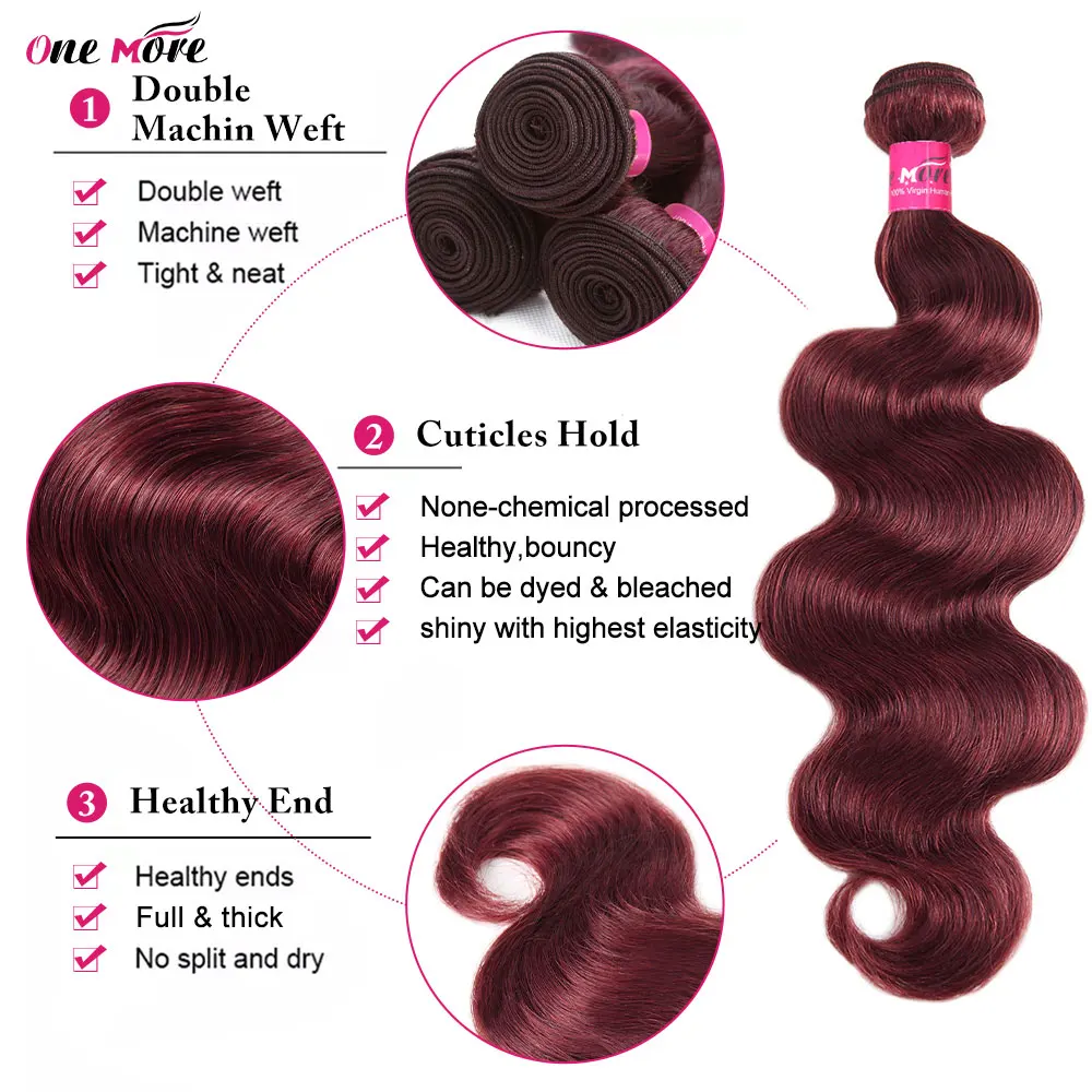 Borgonha Body Wave Pacotes de cabelo humano com fechamento, vermelho escuro, parte livre, parte livre, 5x5 encerramento com pacotes, 99J