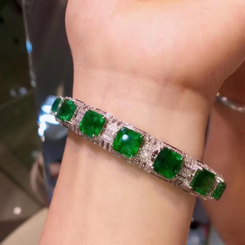S925 Sterling Silver Bracelet Natural Emerald Plated 18k Platinum Diamond Luxury Style