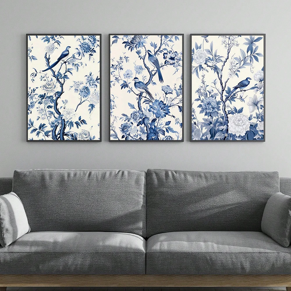 3 Pcs/Set, Unframed Canvas Print Painting Poster, Chinese Style, Blue, Bird, Tree Branch, Flower Room Home Decor Stuff, Wall Art