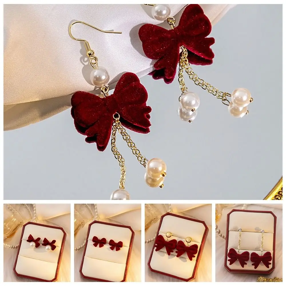 سبائك الزنك بورجوندي يتدفقون القوس أقراط مجوهرات حمراء القوس استرخى أقراط يتدفقون سلسلة شرابة طويلة هدية السنة الجديدة